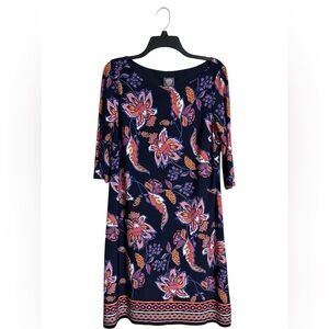 Vince Camuto Floral Shift Dress Size 12 Black Pink Navy 3/4 Sleeve Knee-Length